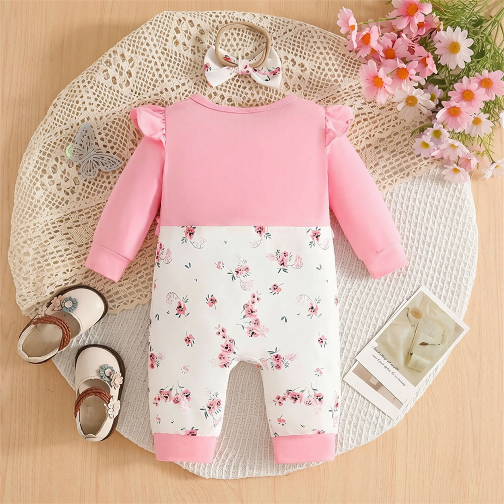 2PCS Elegant Floral Print Ruffle Long Sleeve Baby Jumpsuit