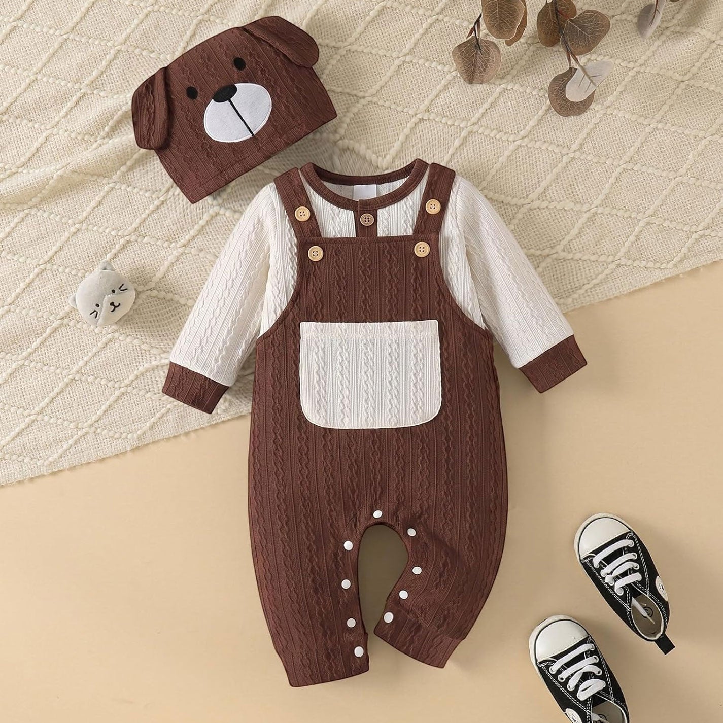 3PCS Adorable Bear Print Long Sleeve Baby Overalls Set