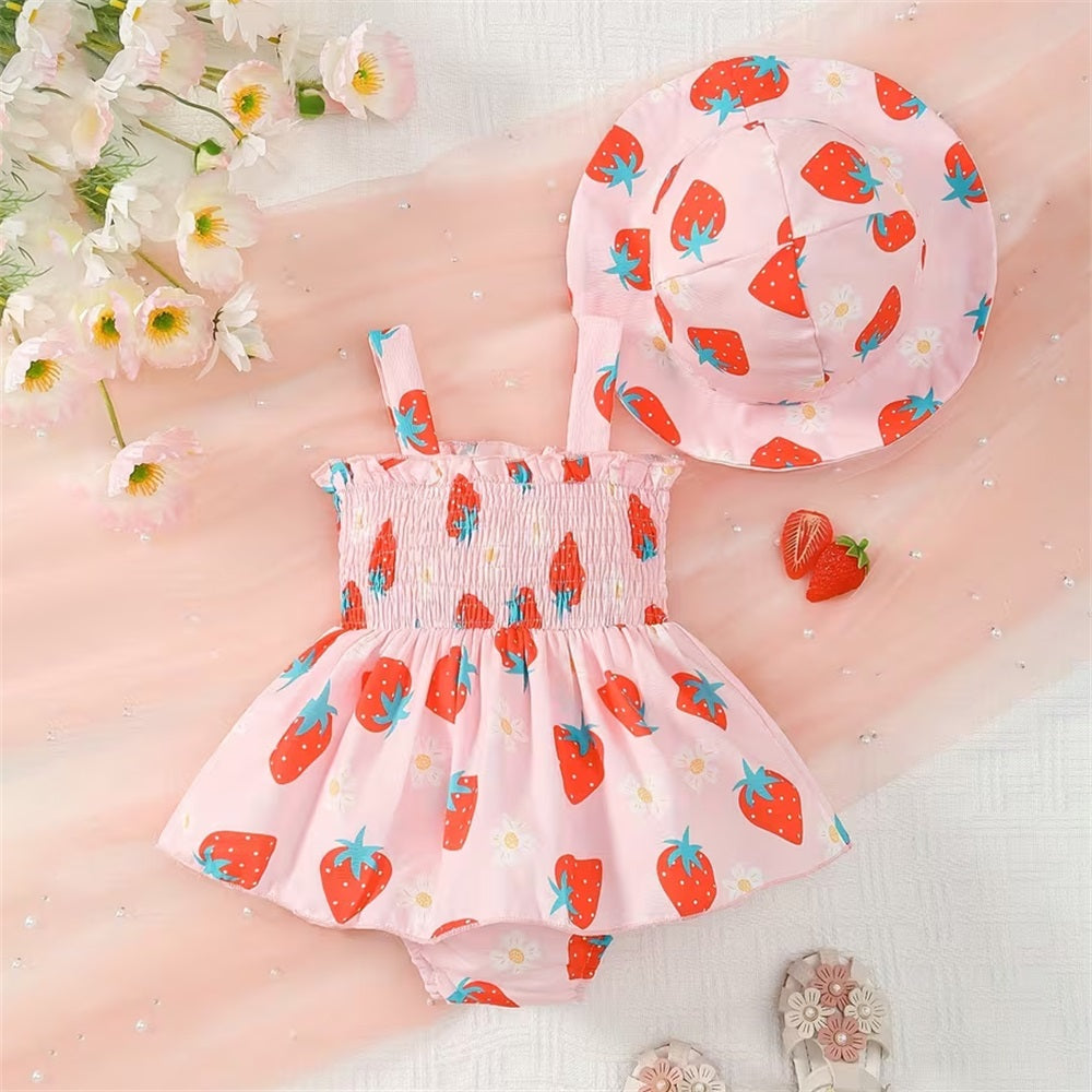 2PCS Casual Cute Strawberry Printed Strap Baby Romper