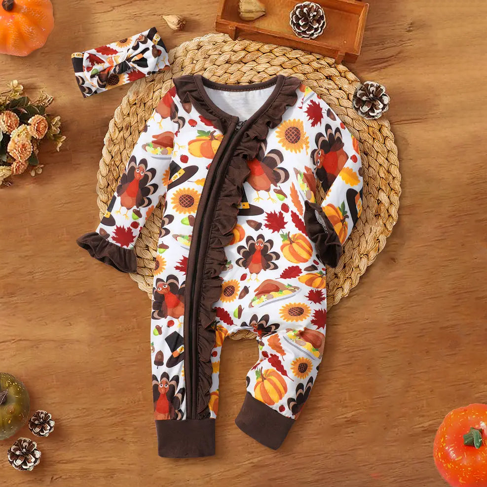 2PCS Thanksgiving Turkey Printed Ruffle Long Sleeve Baby Jumpsuit
