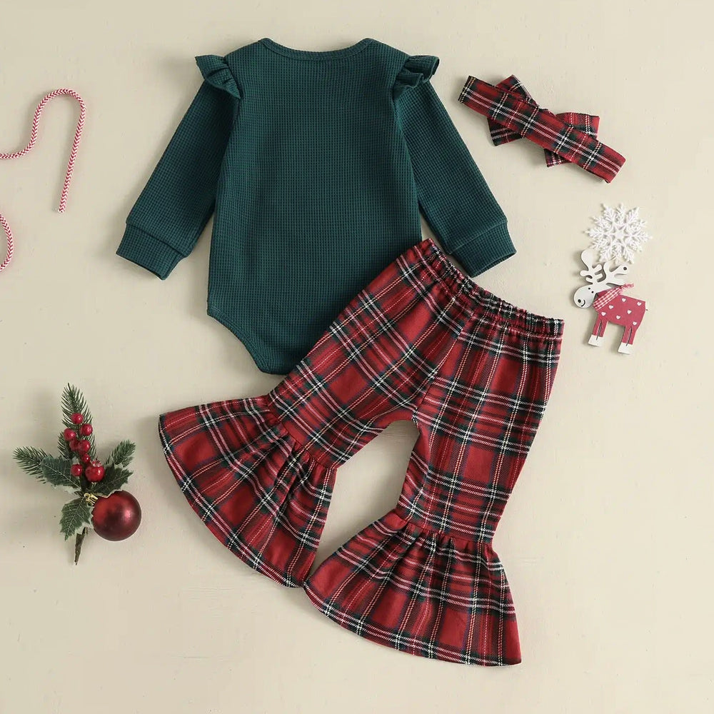 3PCS My First Christmas Letter Embroidery Santa Plaid Print Baby Girl Set
