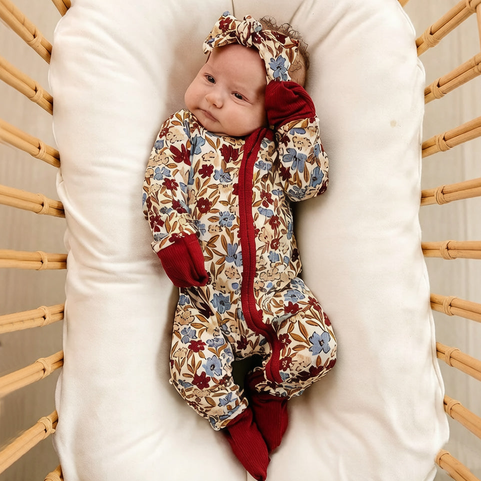 2PCS Refined Floral Print Zipper Long Sleeve Baby Jumpsuit