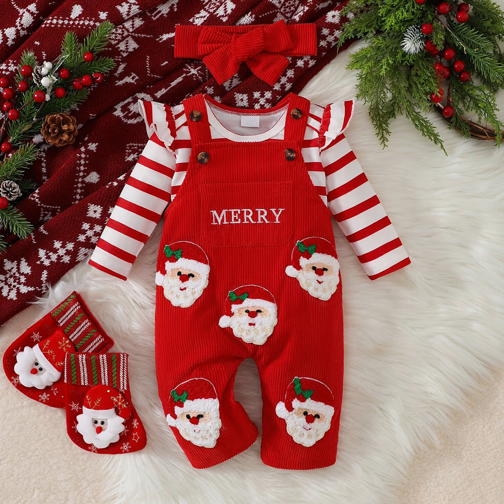 3PCS "MERRY" Embroidery Santa Applique Striped Baby Girl Overalls Set