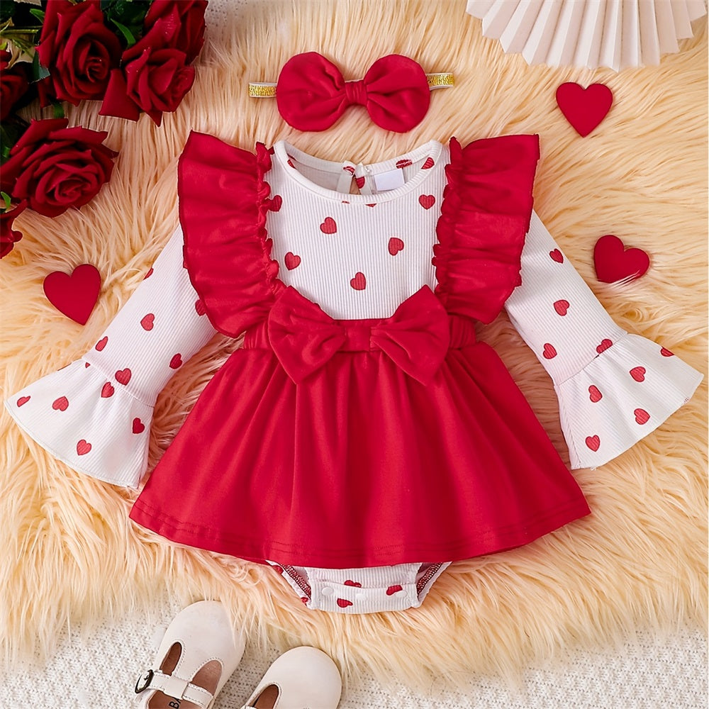 2PCS Cute Heart Print Ruffle Trim Long Sleeve Baby Romper
