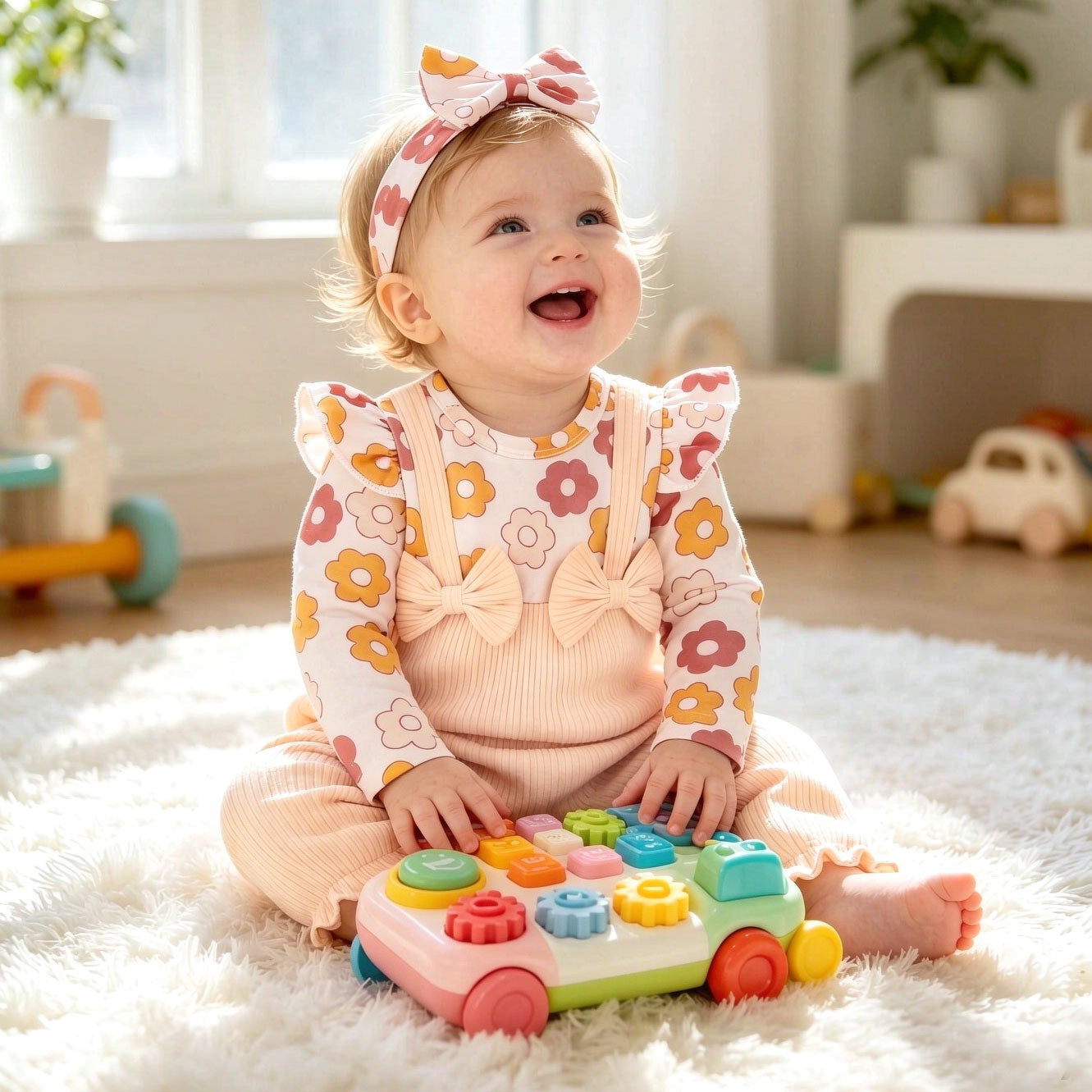 2PCS Graceful Floral Print Ruffle Long Sleeve Baby Jumpsuit