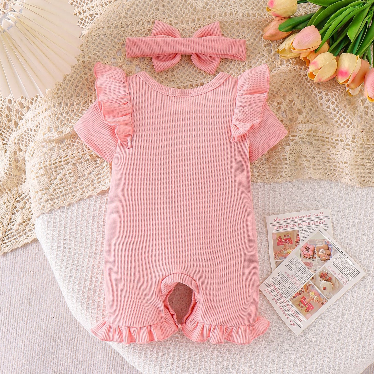 2PCS Lis Sister Letter Floral Appliqué Short Sleeve Baby Jumpsuit