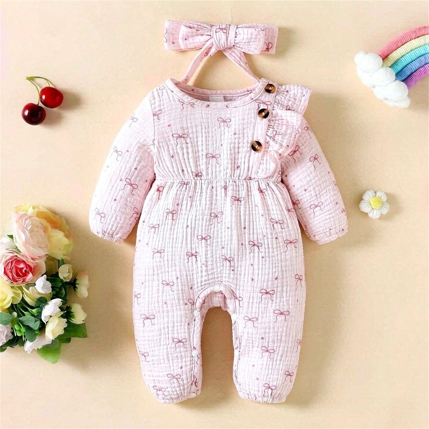 2PCS Pretty Allover Bow Print Ruffle Long Sleeve Baby Jumpsuit