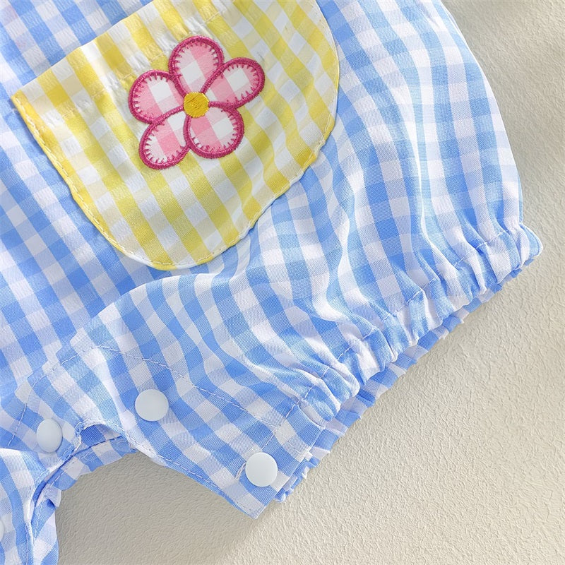 Cute Floral Embroidery Plaid Fly Sleeve Baby Jumpsuit