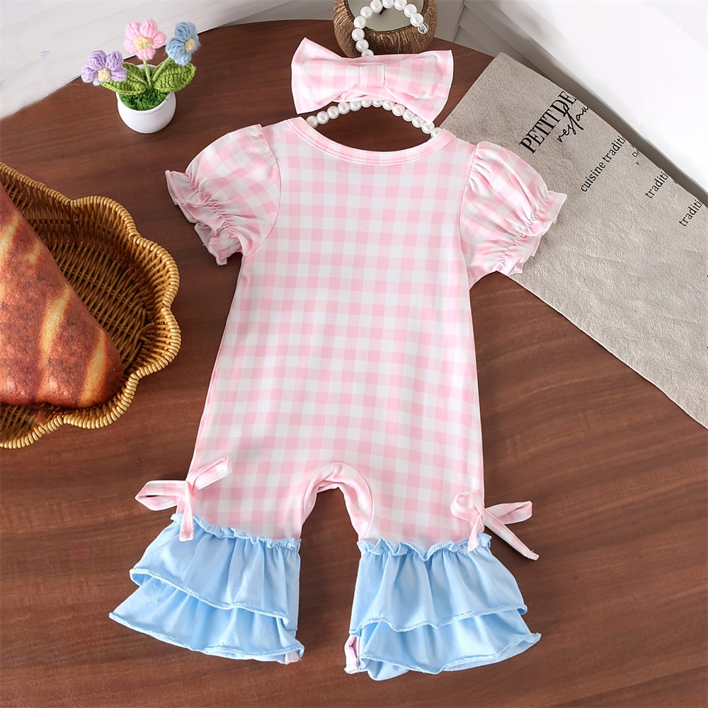 2PCS Daddy's Girl Letter Embroidery Plaid Short Sleeve Baby Jumpsuit