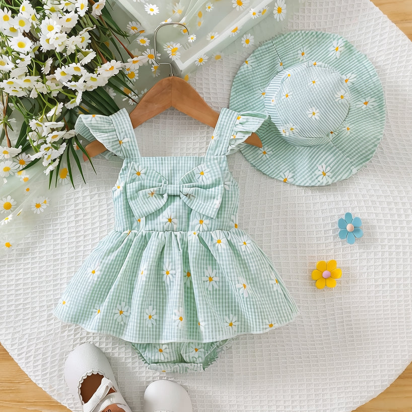 2PCS Chic Daisy & Plaid Print Flutter Sleeve Baby Romper With Hat