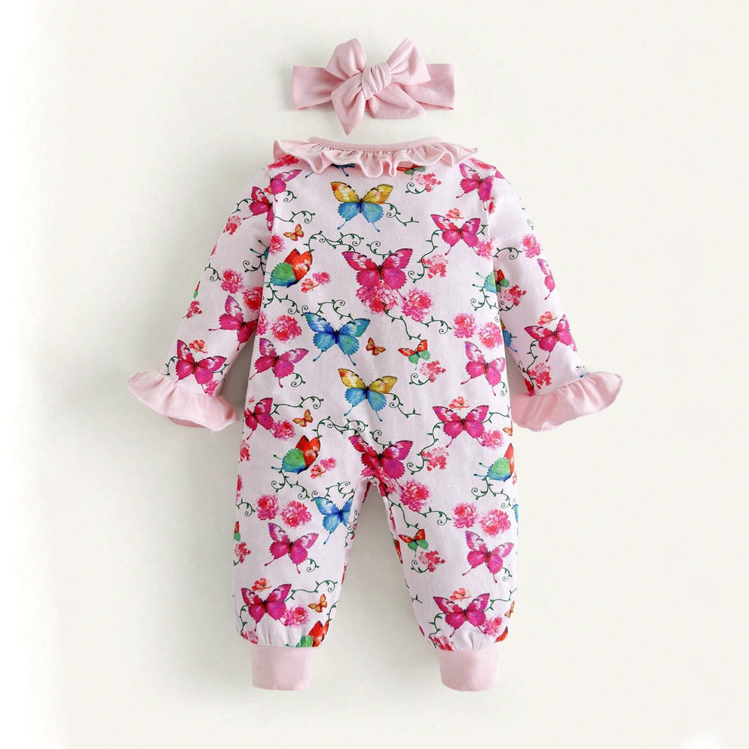 2PCS Casual Floral and Butterfly Printed Ruffle Trim Long Sleeve Baby Jumpsuit