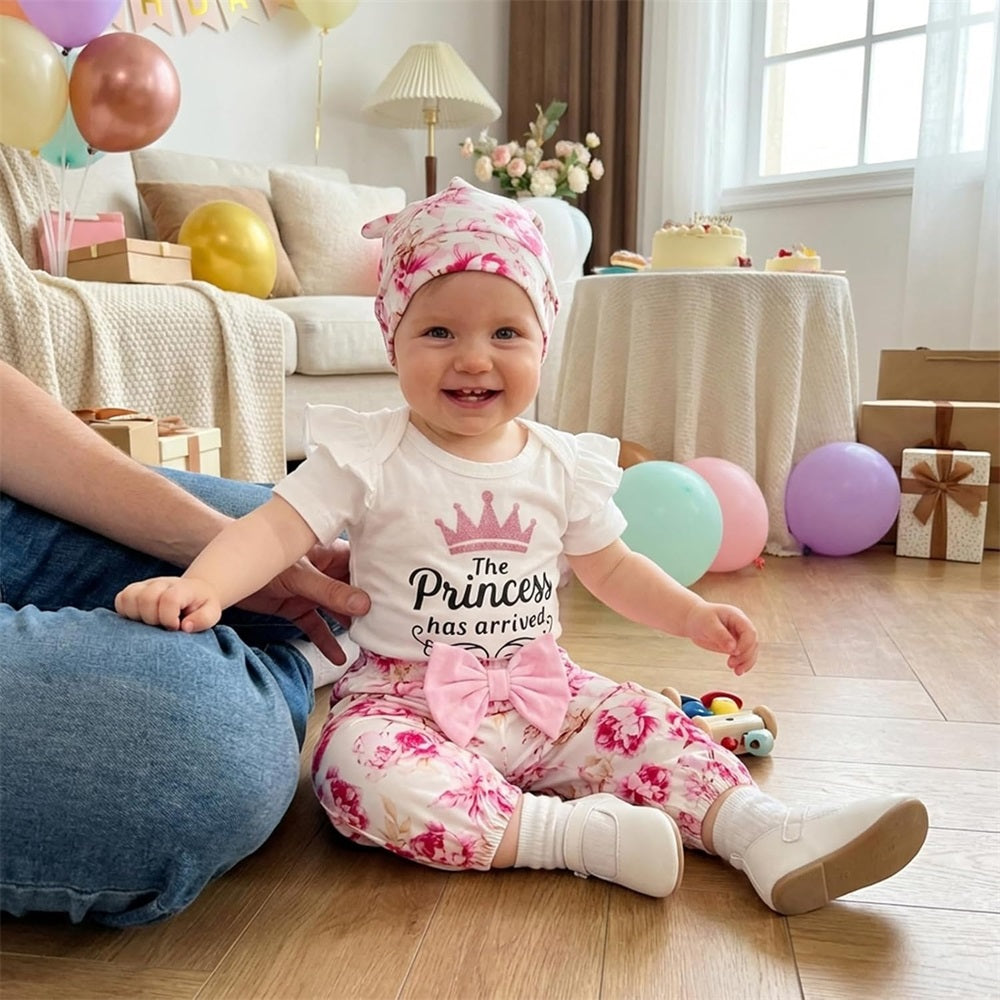 3PCS The Princess Has Arrived Letter Floral Print Short Sleeve Baby Set