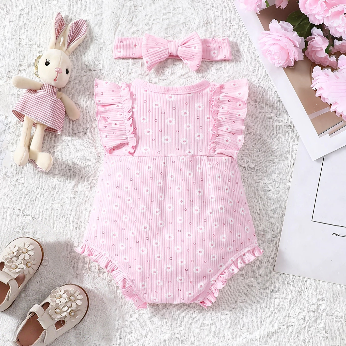 2PCS Graceful Floral Printed Sleeveless Baby Romper