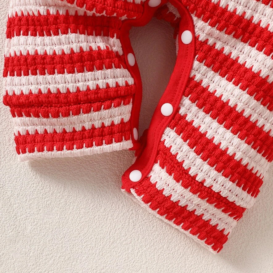2PCS Mama's Baby Letter Applique Striped Knit Baby Christmas Jumpsuit