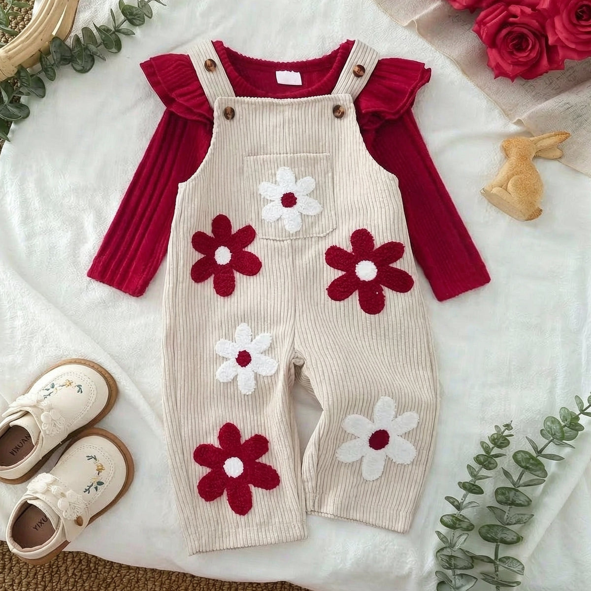 2PCS Vibrant Floral Applique Long Sleeve Baby Corduroy Overalls Set