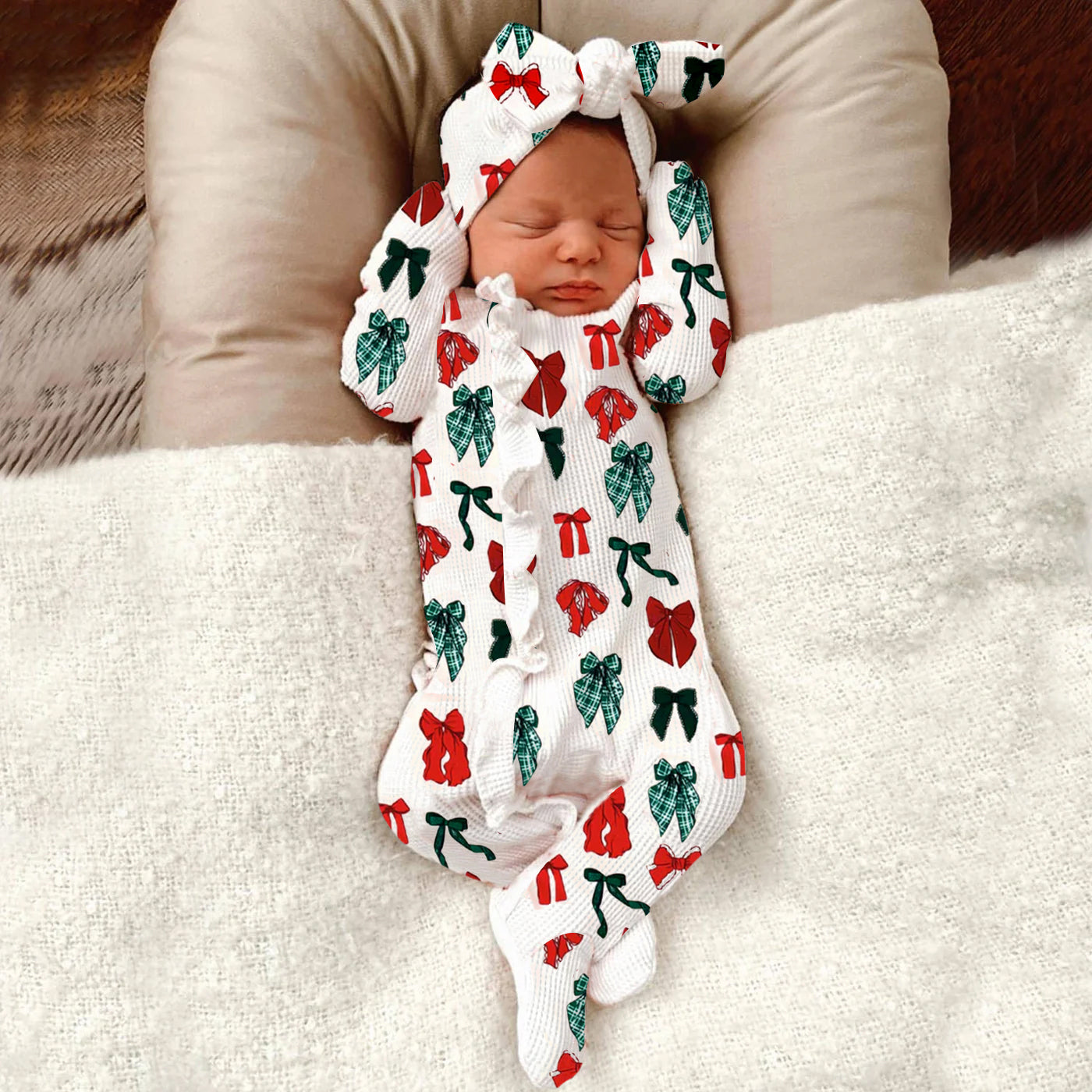 2PCS Lovely Christmas Bowknot Printed Zipper Long Sleeve Baby Jumpsuit