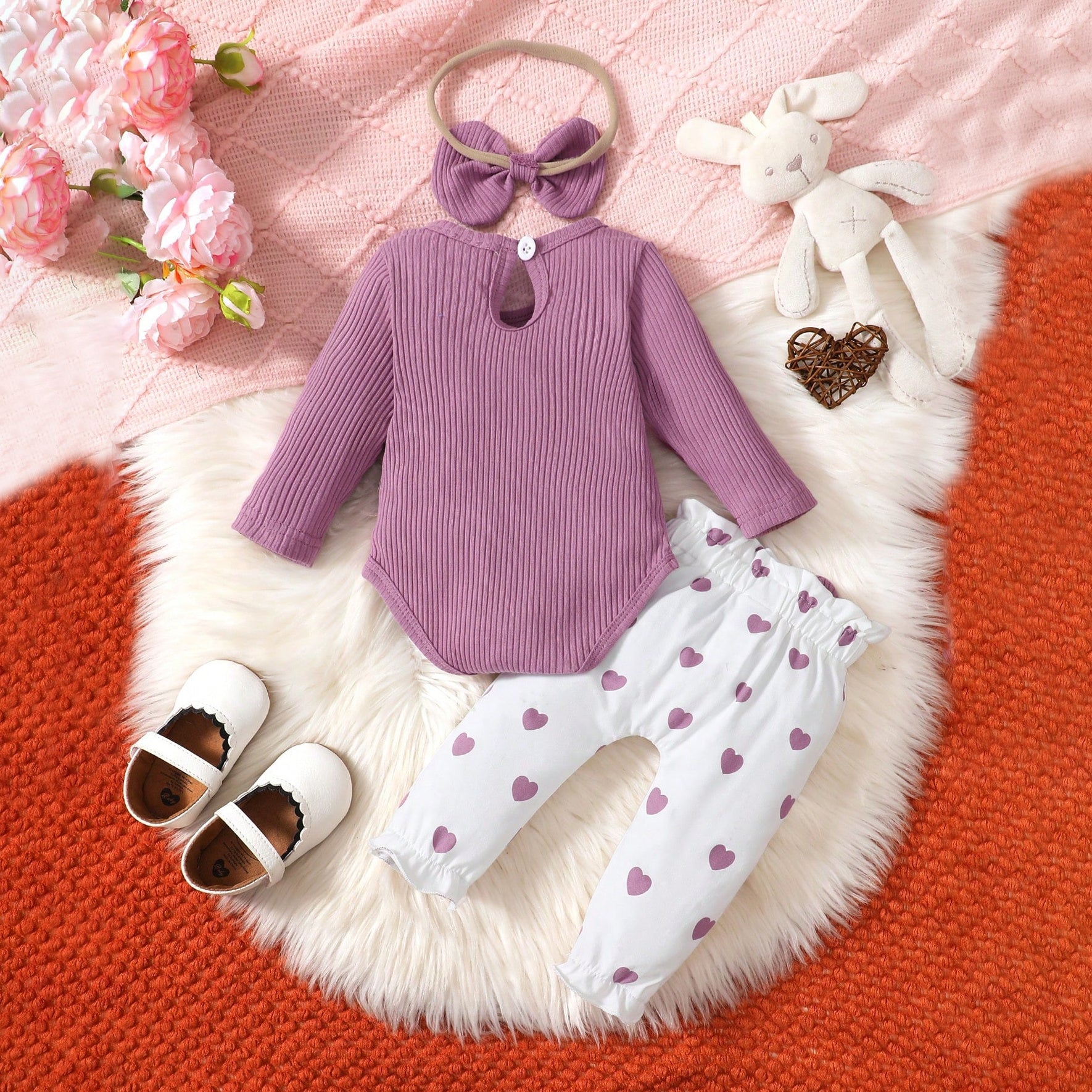 3PCS Grace Heart Printed Long Sleeve Baby Set