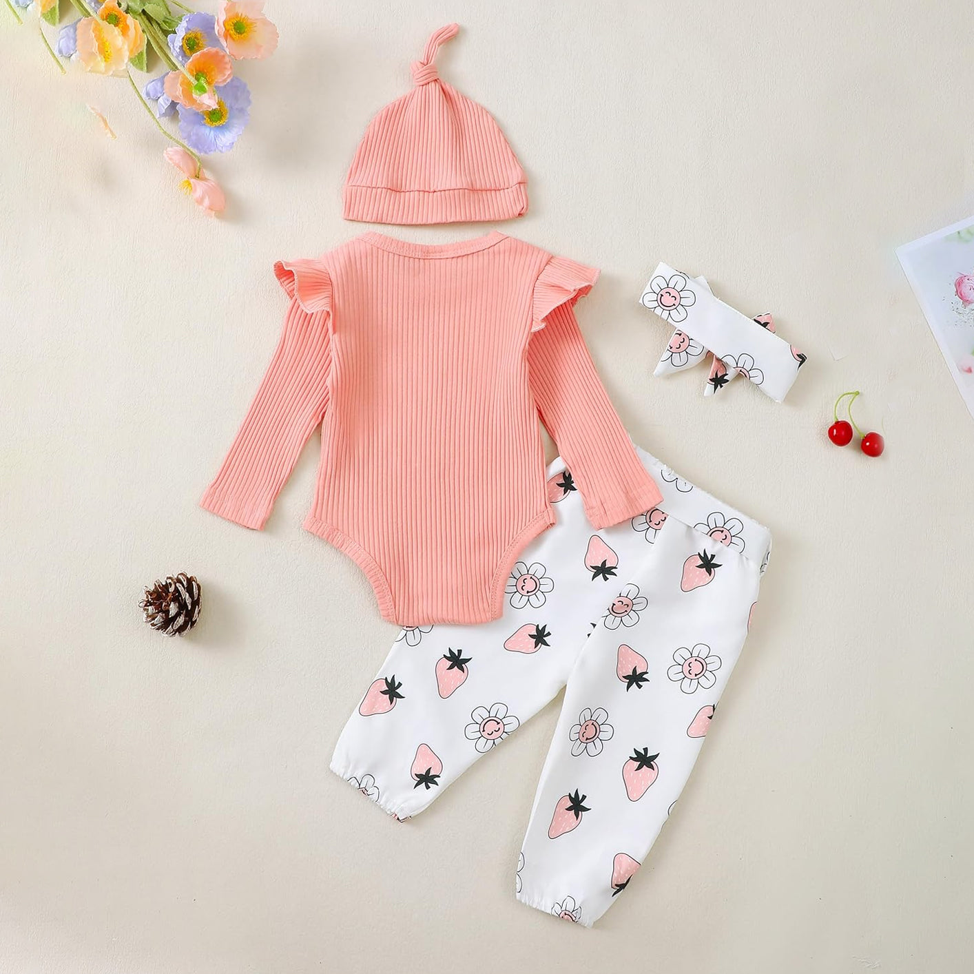 4PCS Strawberry Floral Printed Baby Set