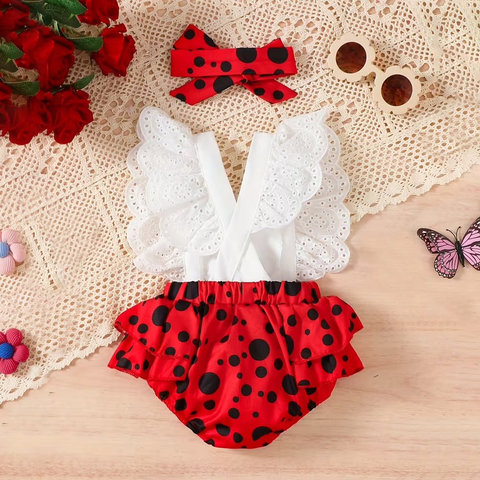 2PCS Ladybug Polka Dot Printed Butterfly Wing Baby Romper