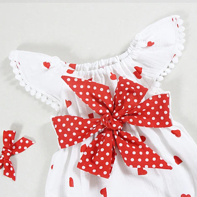 Cute Heart Print Bowknot Flutter Sleeve Baby Romper