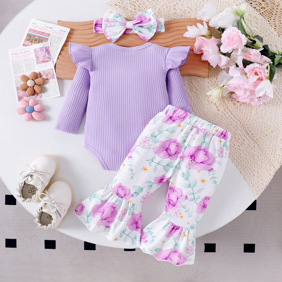 3PCS The Princess Has Arrived Letter Floral Printed Long Sleeve Baby Set