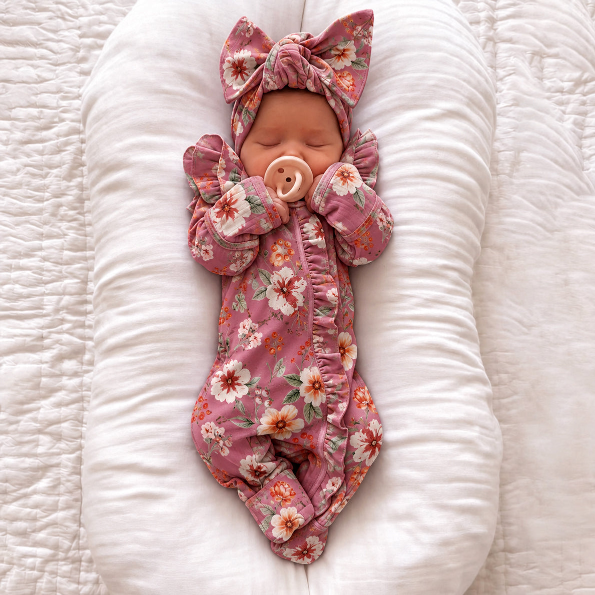 2PCS Charming Baby Girl Floral Printed Ruffle Long Sleeve Zipper Jumpsuit