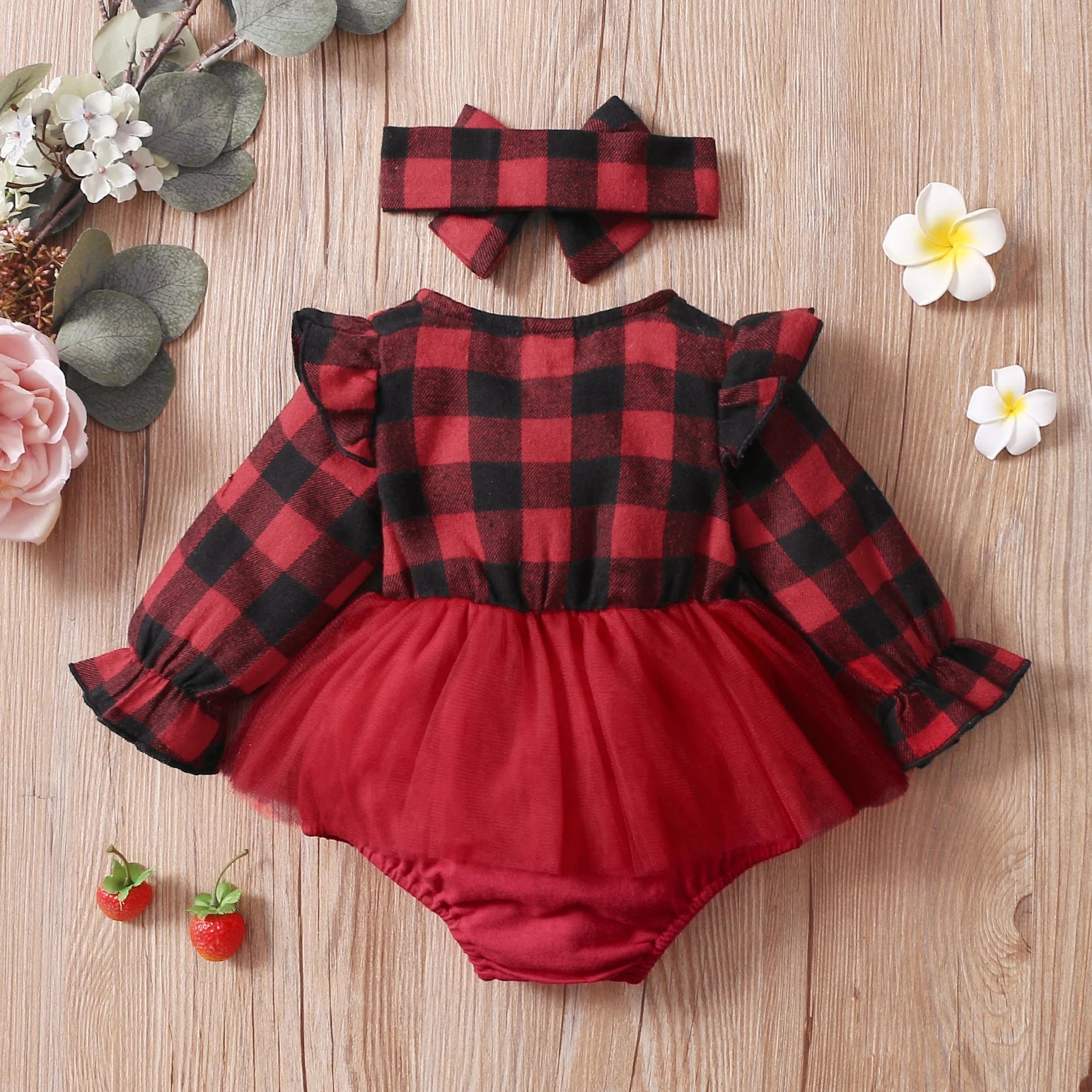 2PCS Trendy Christmas Plaid Printed Long Sleeve Baby Romper