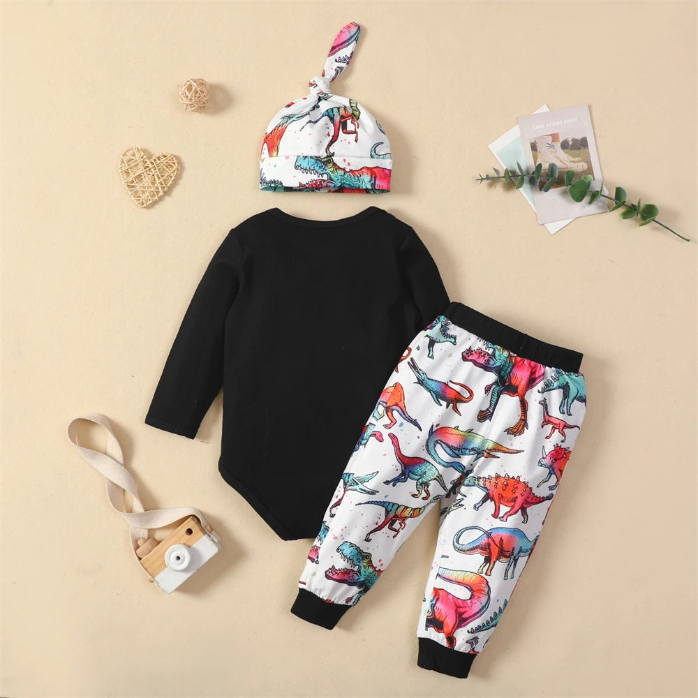 3PCS LIL BRO Letter Dinosaur Print Long Sleeve Baby Set