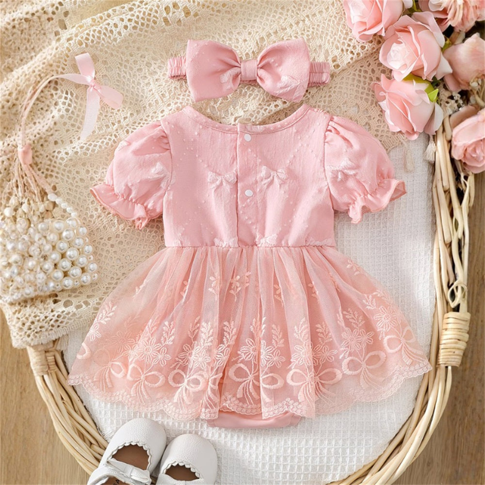 2PCS Summer Cute Bow Embroidery Tulle Skirt Baby Romper
