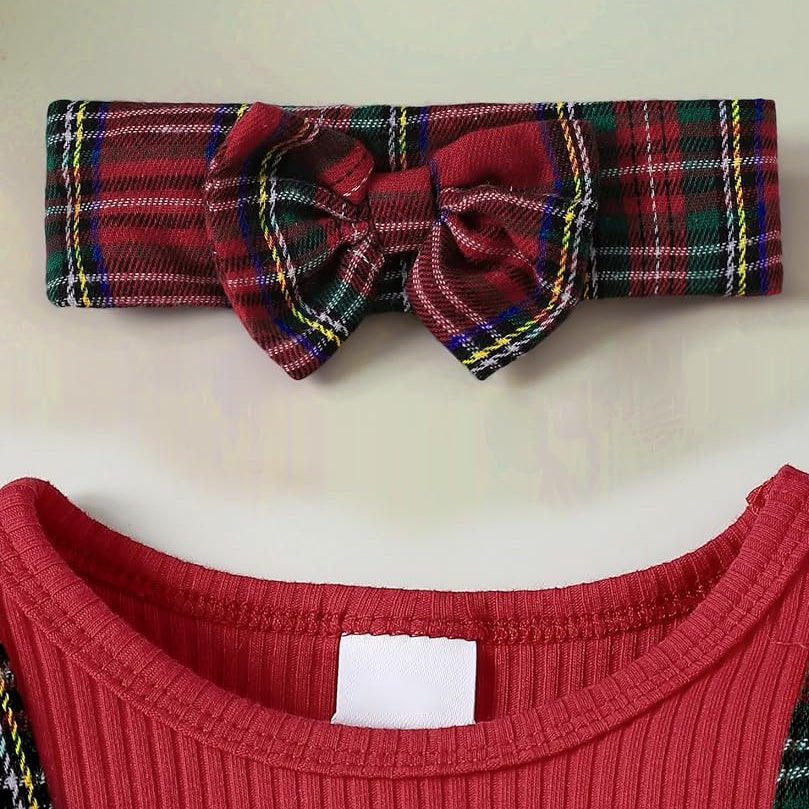 2PCS Pretty Plaid Print Bow Long Sleeve Baby Girl Jumpsuit