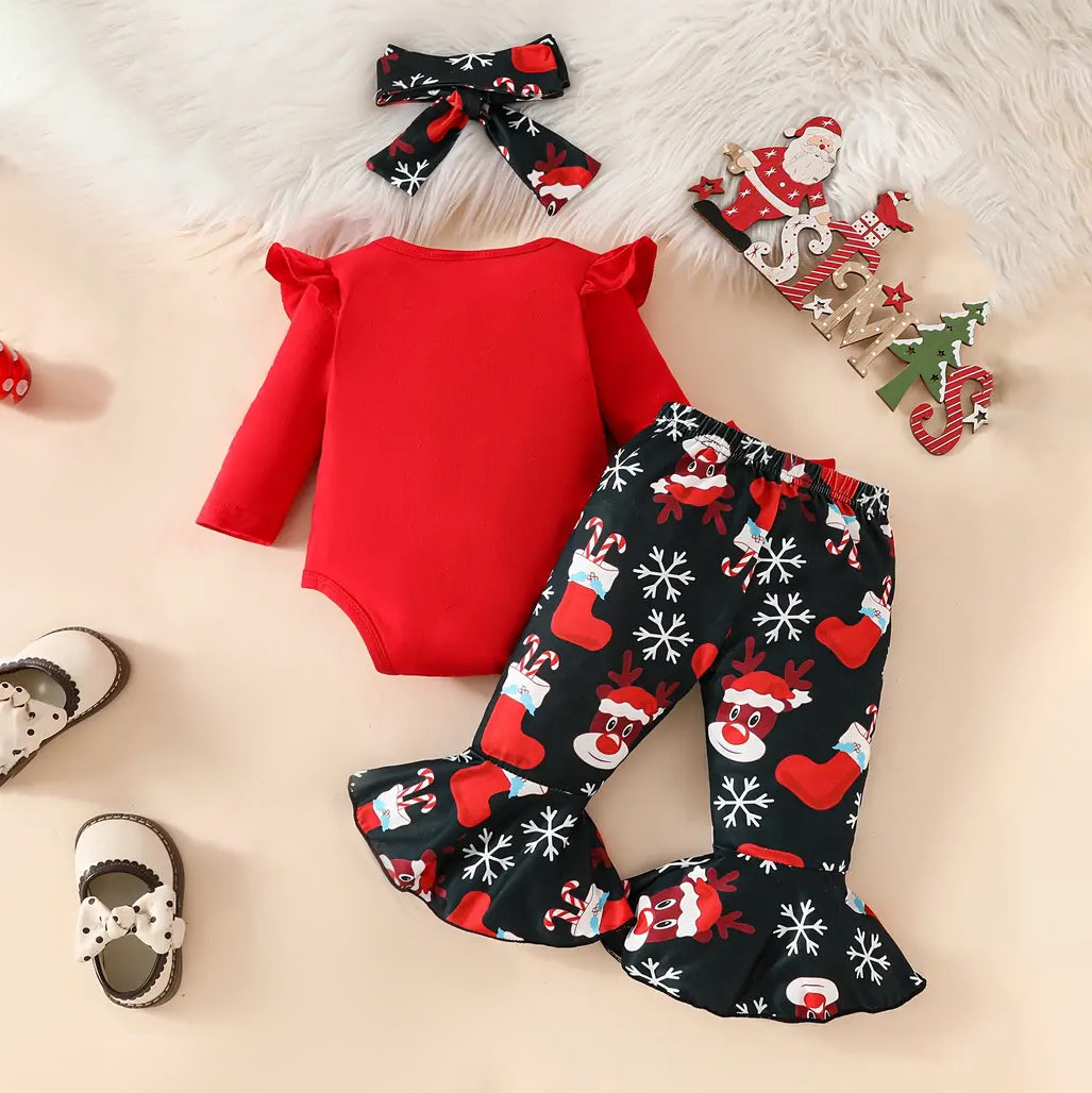 3PCS Santa Baby Letter Elk Printed Long Sleeve Baby Set