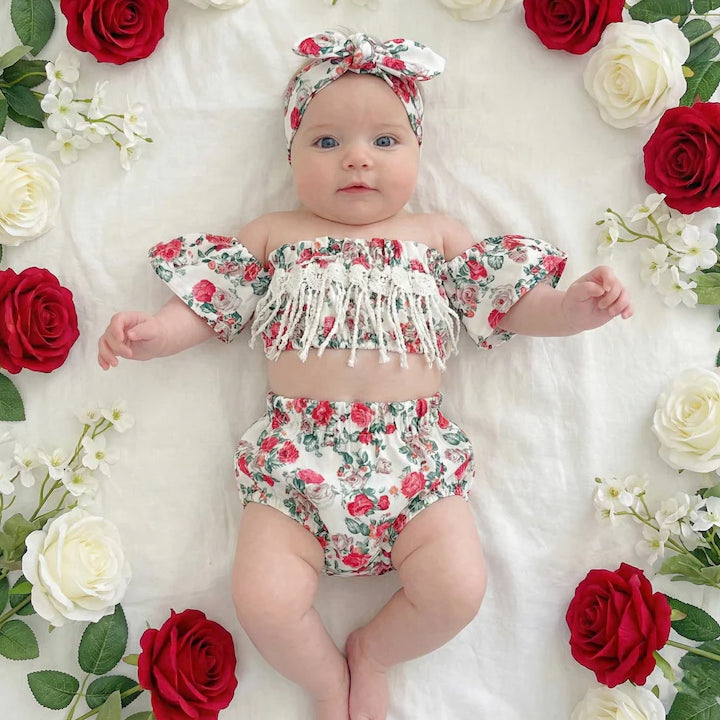 3PCS Adorable Floral Print Short Sleeve Baby Set