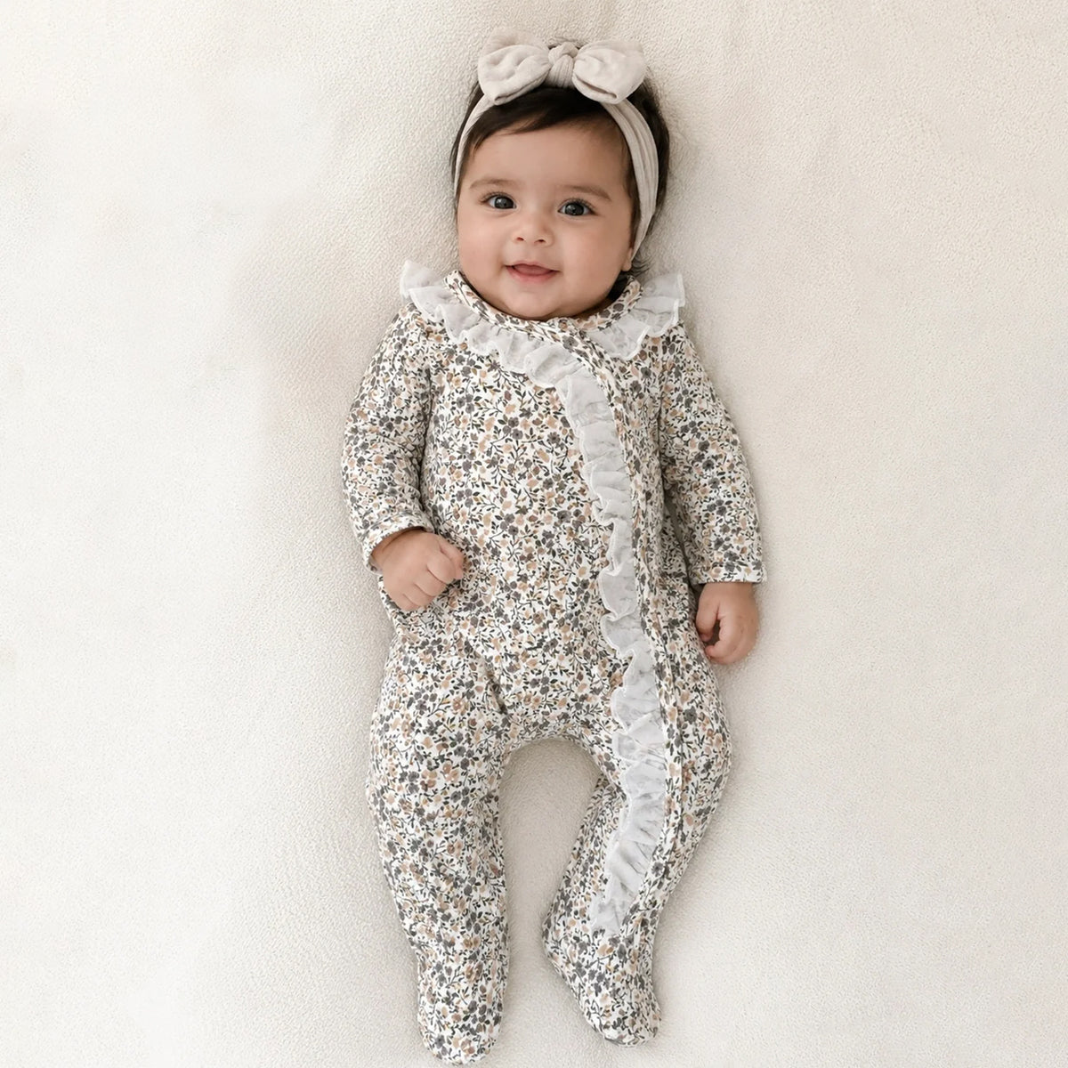 Vintage Floral Print Ruffle Long Sleeve Zipper Baby Jumpsuit