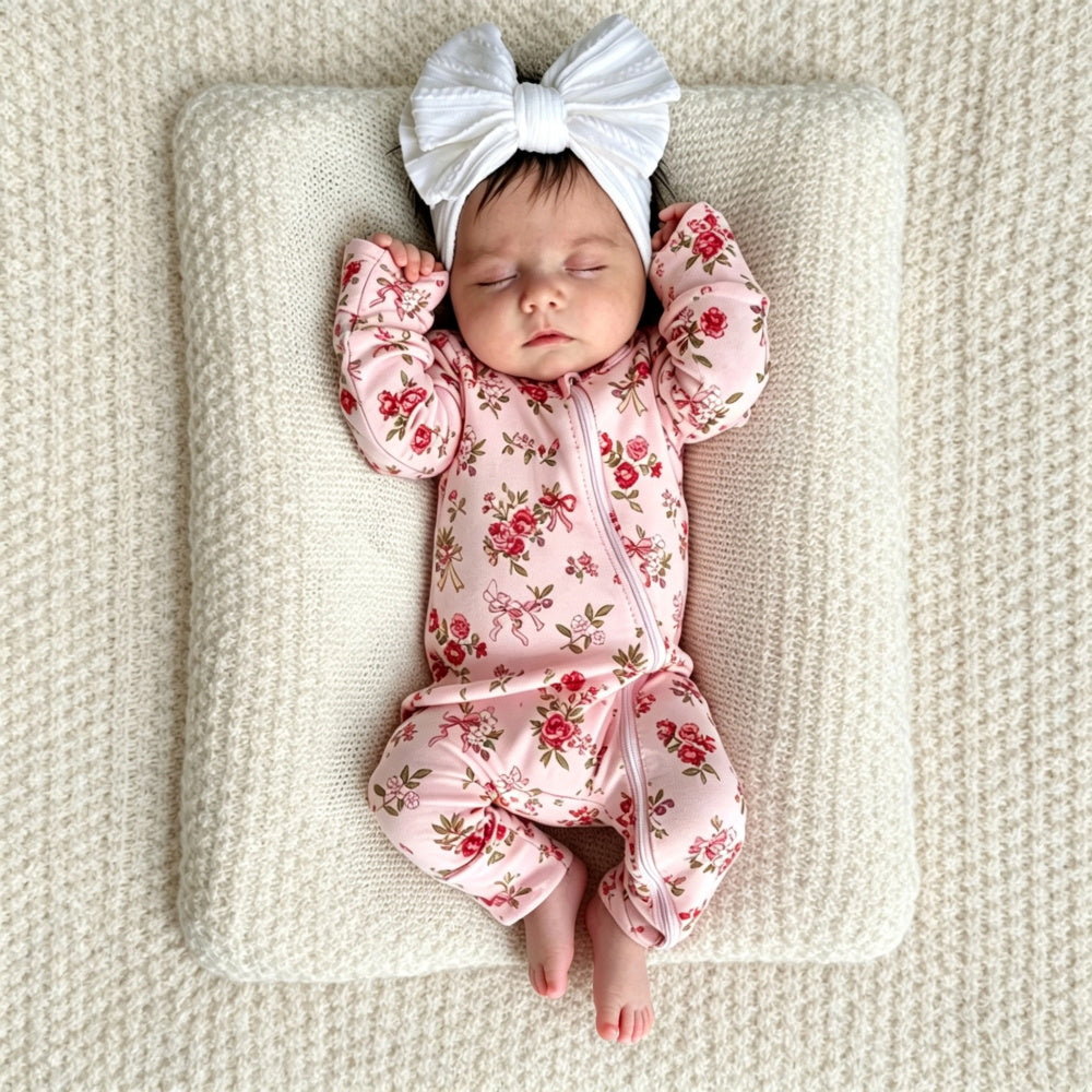 Gorgeous Floral Print Zipper Long Sleeve Baby Jumpsuit