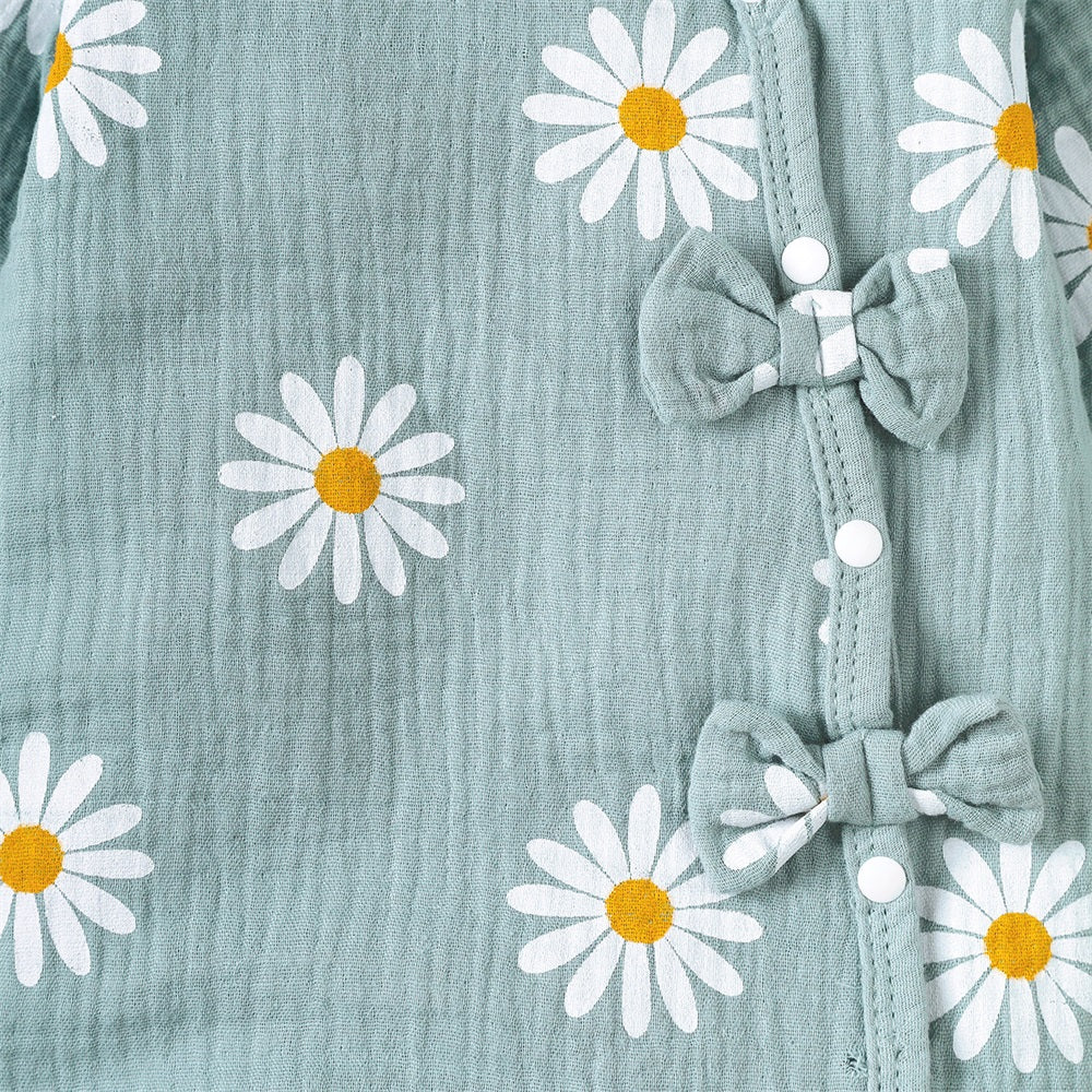 2PCS Stylish Daisy Print Bow Long Sleeve Baby Jumpsuit