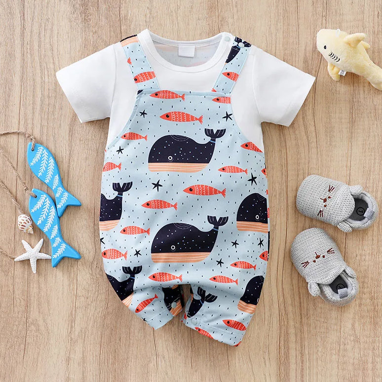 Summer Casual Whale Print Short Sleeve Baby Jumpsuit