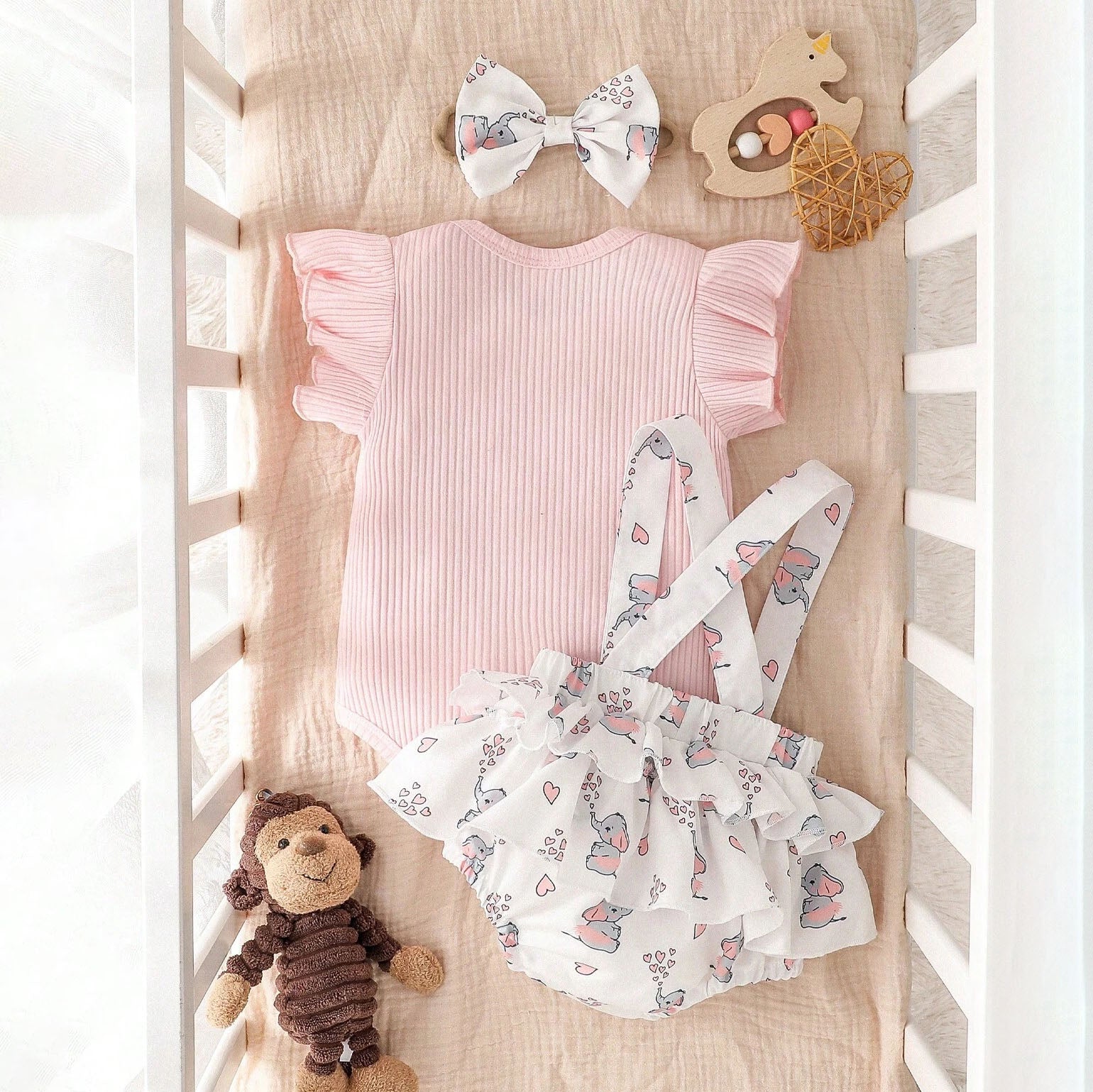 3PCS Adorable Cow Printed Bow Sleeveless Baby Set