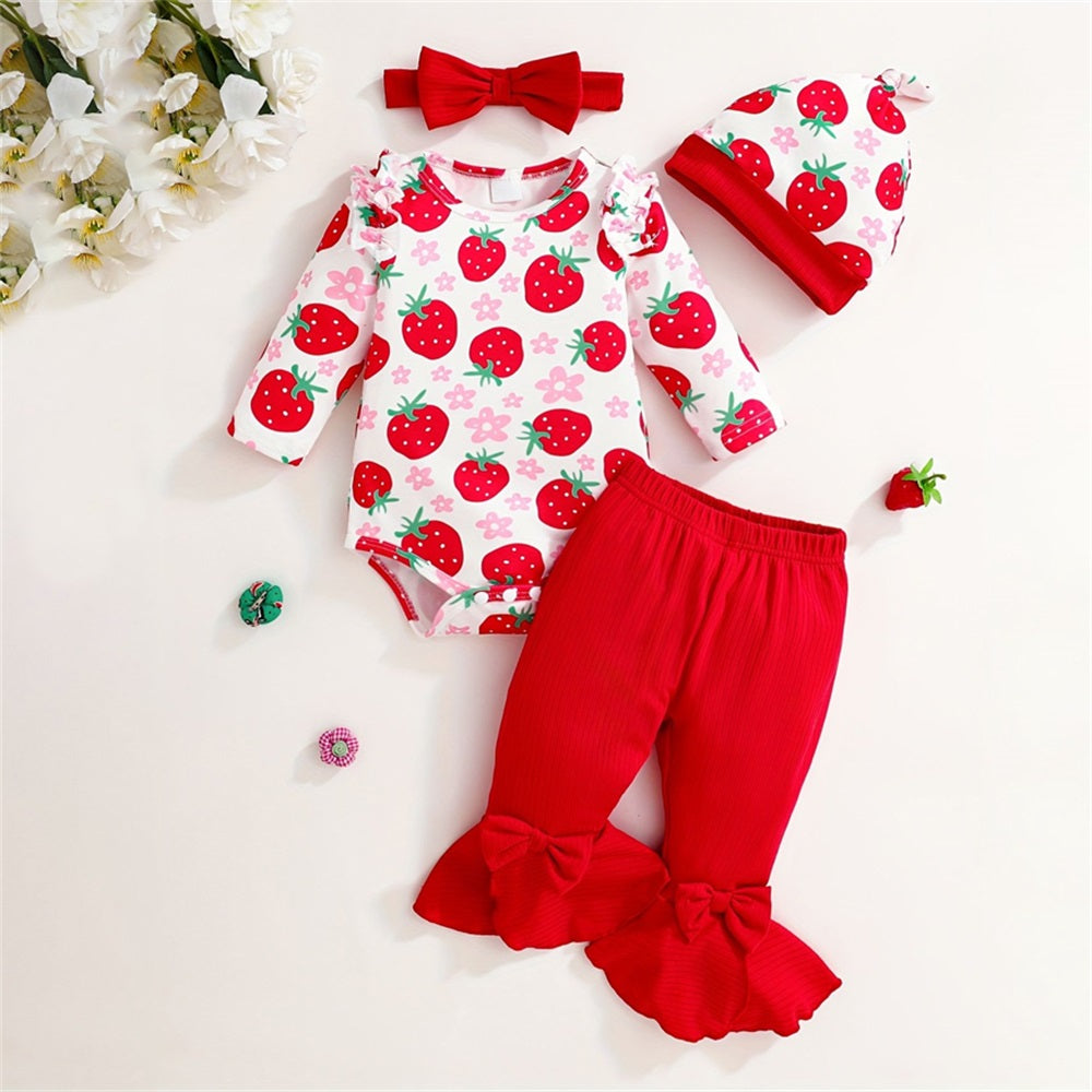 3PCS Adorable Strawberry Printed Long Sleeve Baby Set