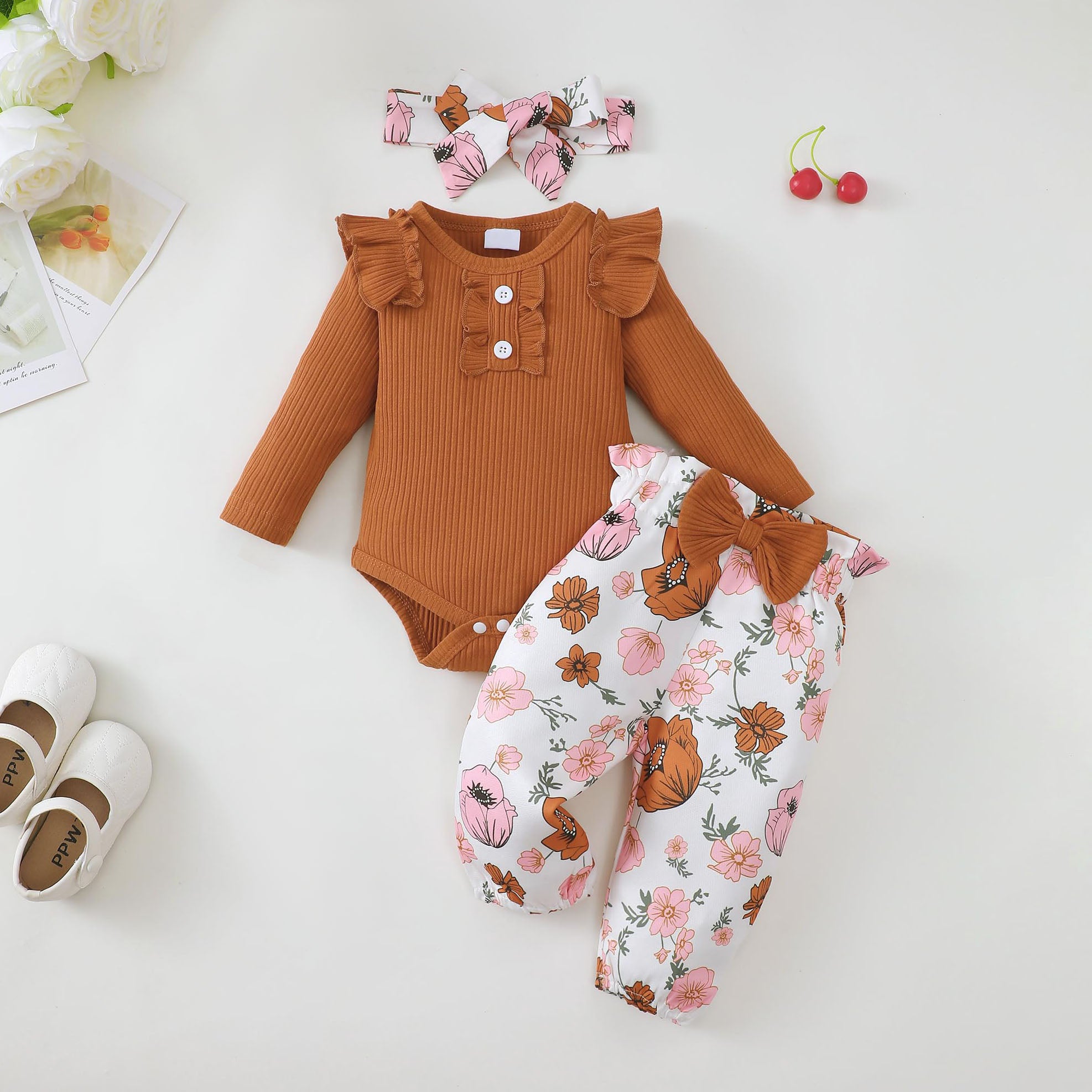 3PCS Graceful Floral Printed Long Sleeve Baby Set