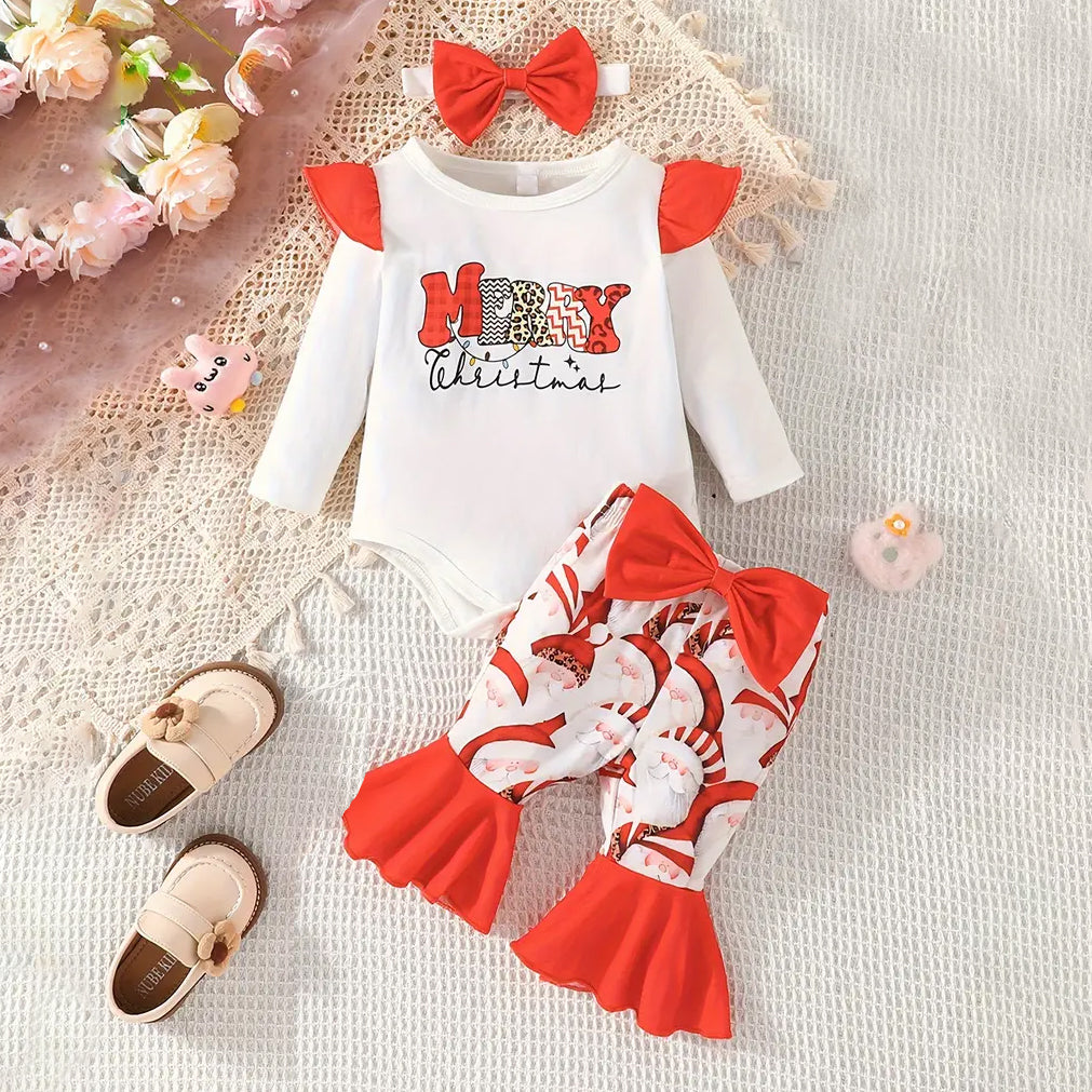 3PCS Merry Christmas Letter Printed Long Sleeve Baby Girl Set