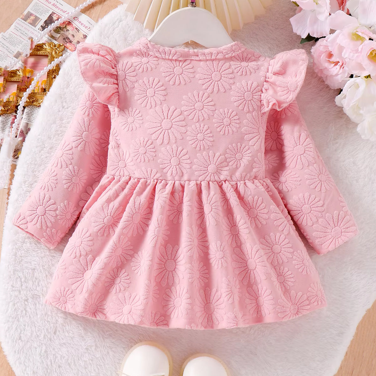 Stylish Solid Color Floral Embroidery Bow Long Sleeve Baby Dress