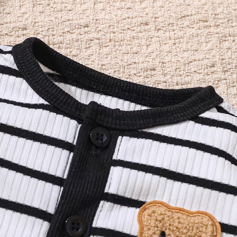 3PCS Cute Bear Patch Stripe Print Long Sleeve Baby Set