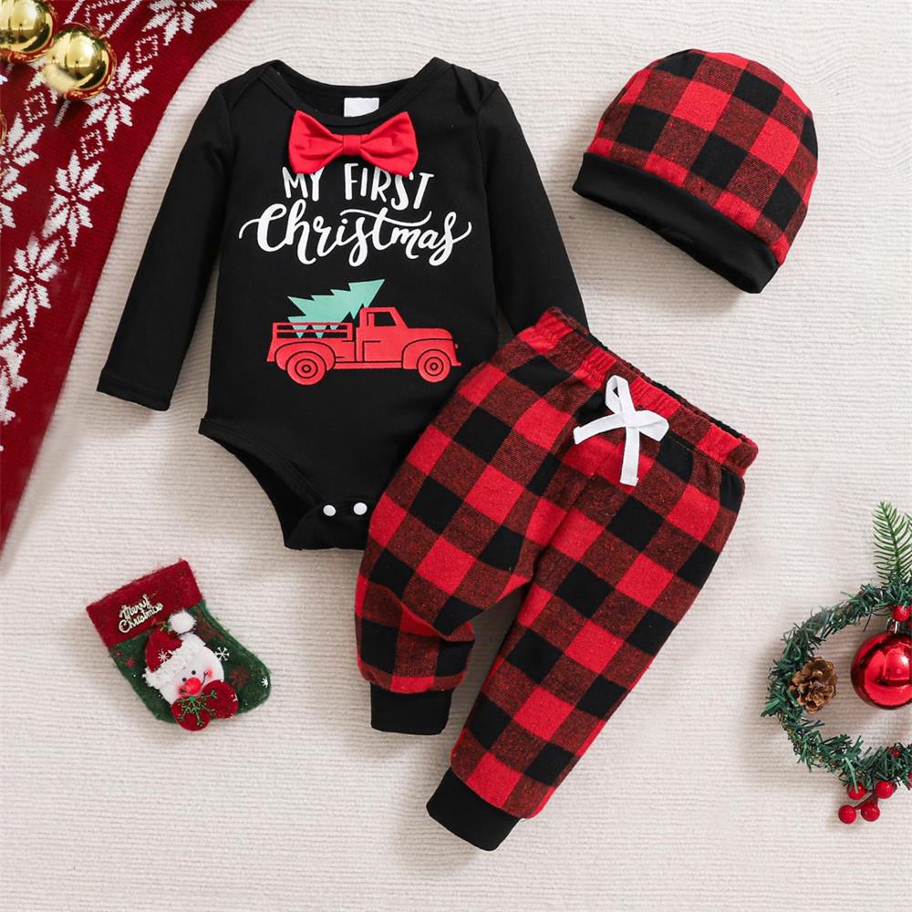 3PCS Merry Christmas Letter Print Plaid Long Sleeve Baby Boy Set