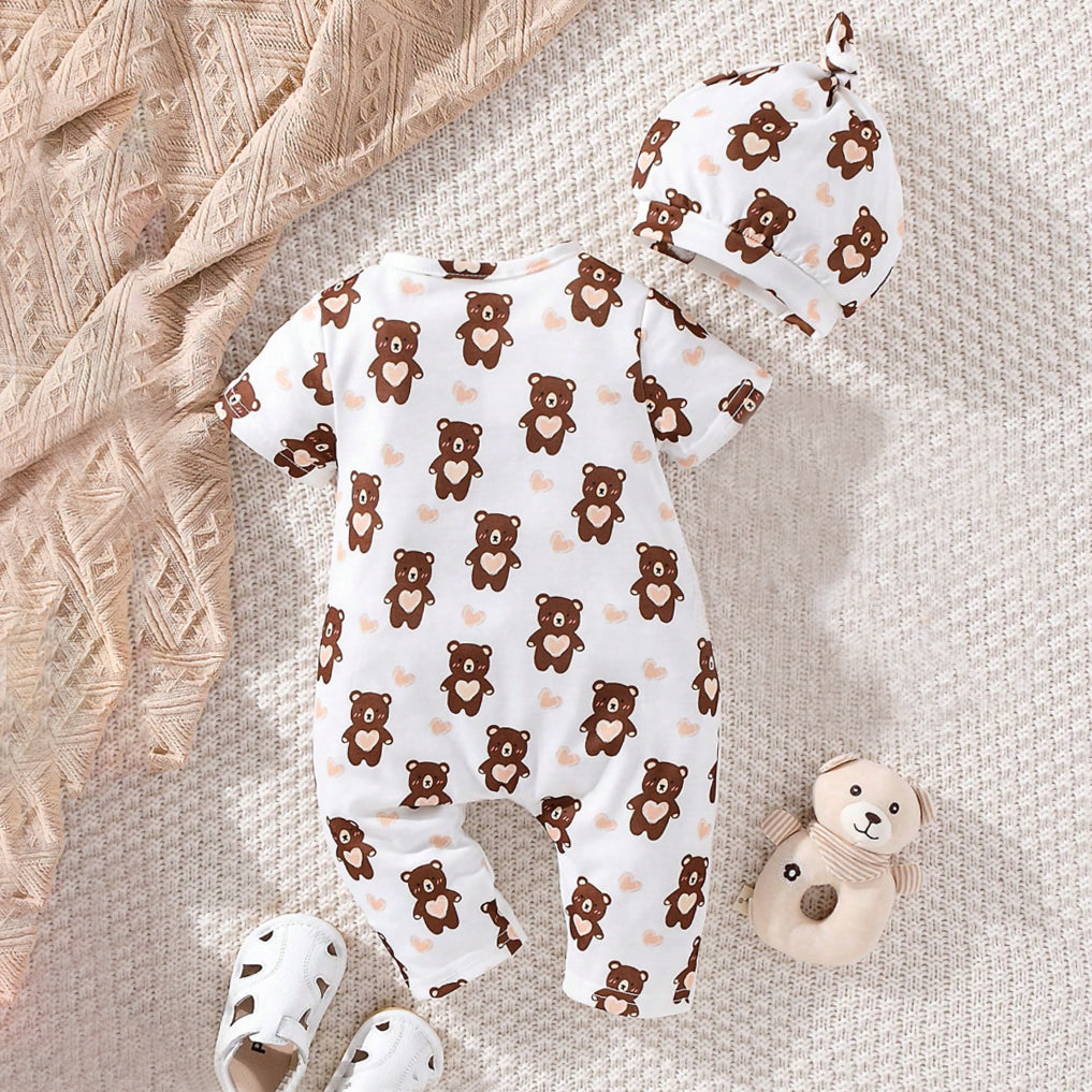 2PCS Hello Letter Bear Print Short Sleeve Baby Jumpsuit