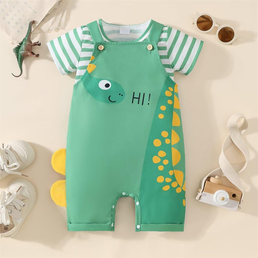 2PCS Summer Cute Dinosaur Printed Short Sleeve Baby Overalls Set
