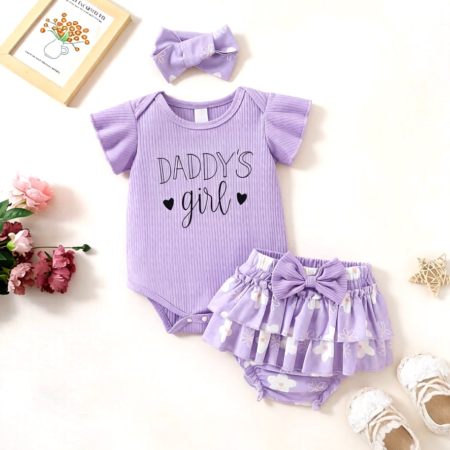 3PCS Dreamy Daddy's Girl Letter Floral Print Flutter Sleeve Baby Set