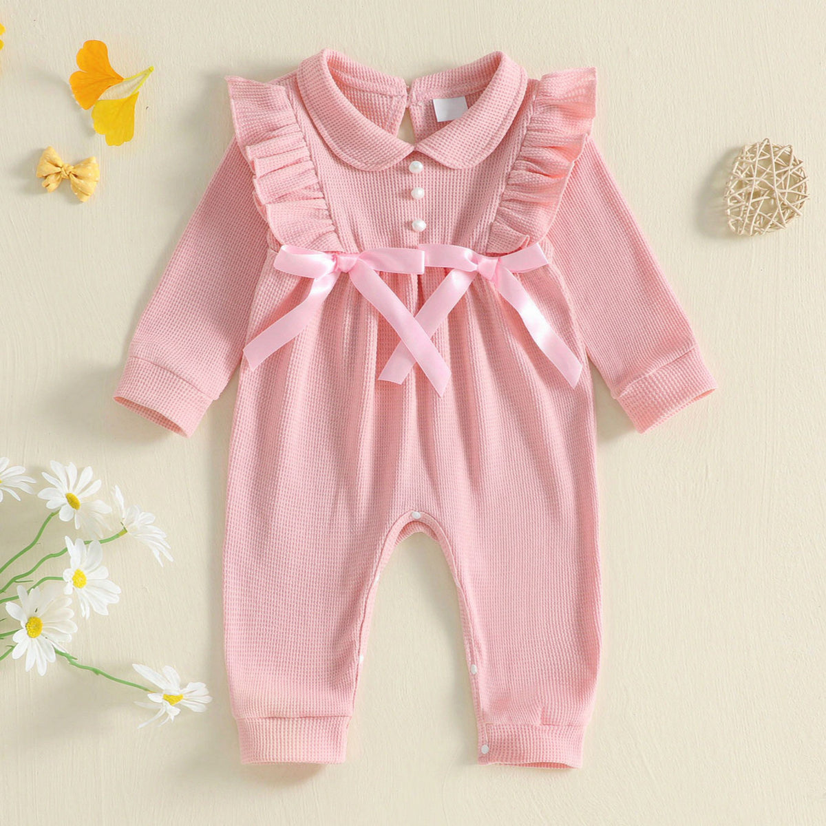 Sweet Solid Color Long Sleeve Bowknot Baby Girl Jumpsuit