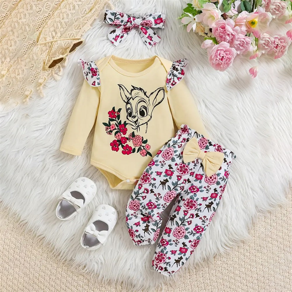 3PCS Floral and Deer Print Long Sleeve Baby Set