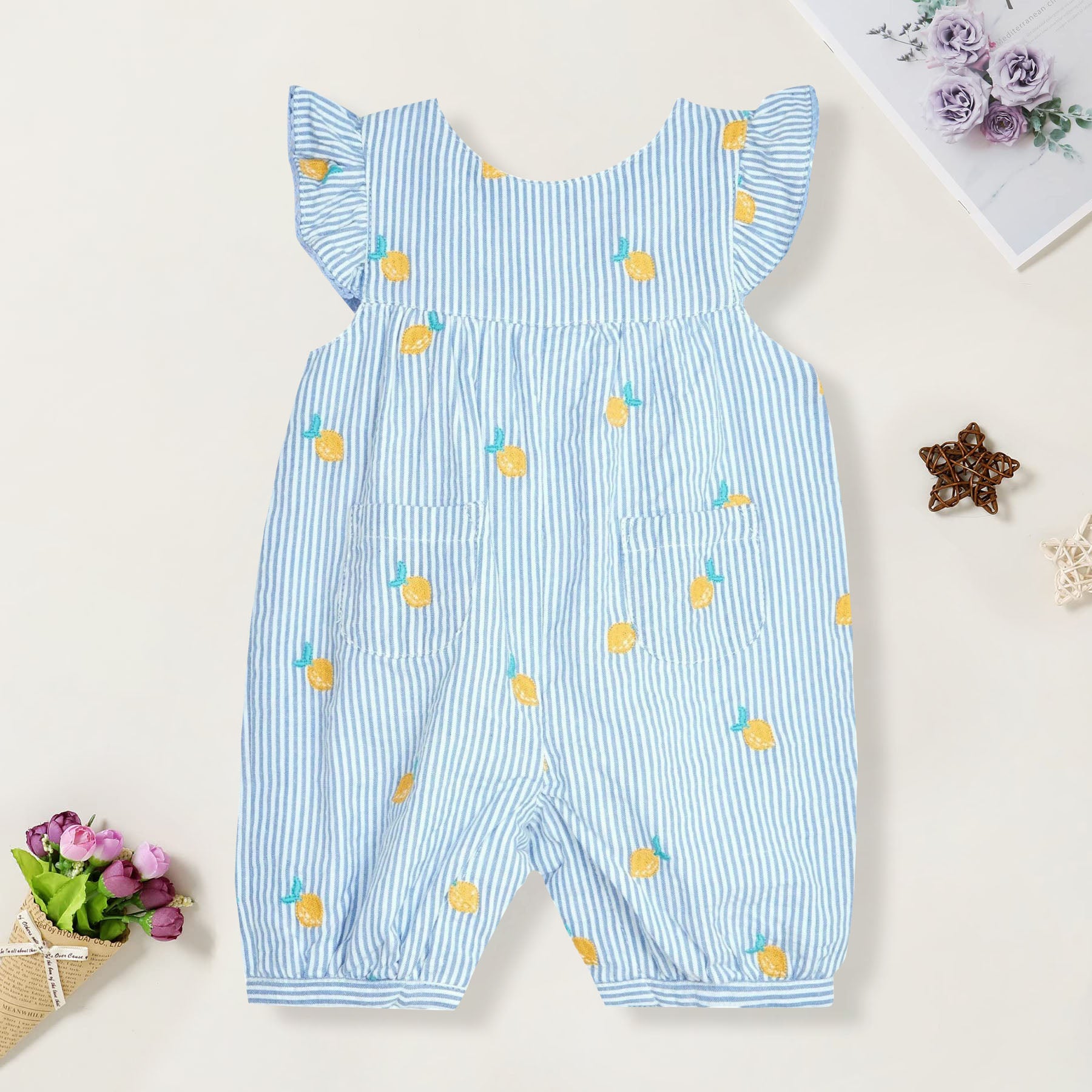 Stylish Stripe Fruit Printed Sleeveless Baby Jumpsuit