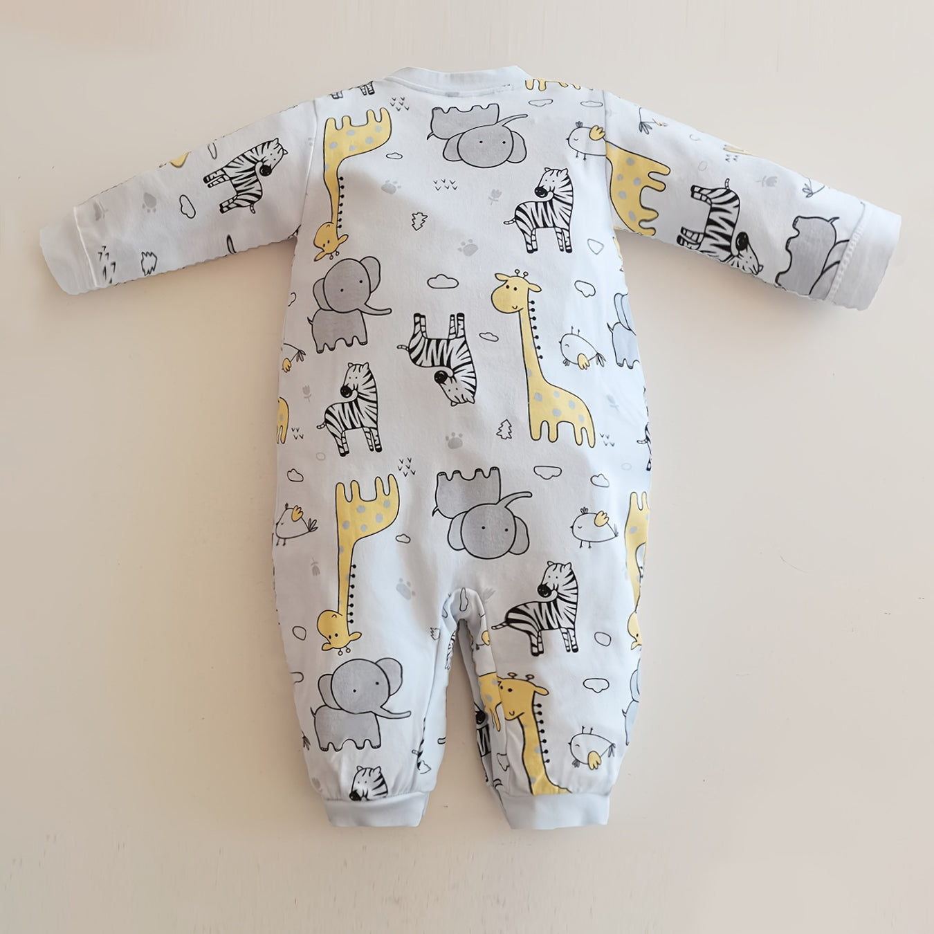 Cartoon Elephant Zebra Giraffe Allover Printed Baby Jumpsuit